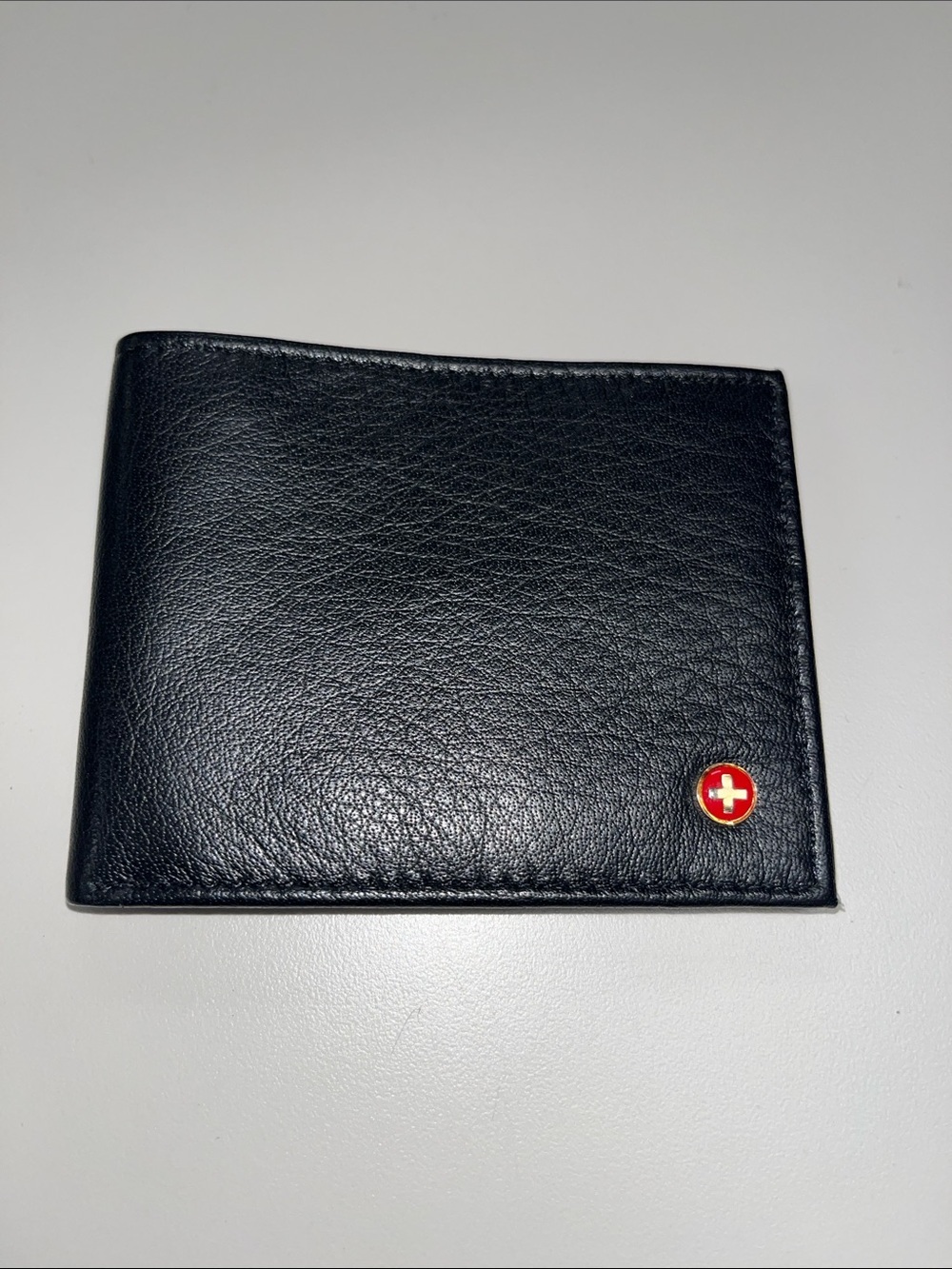 Alpine Swiss Black Leather Bi-Fold Wallet with Red Swiss Emblem